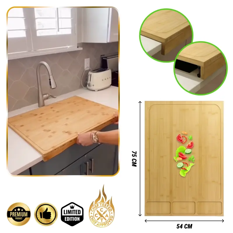 BambooCraft™ - Дъска за рязане от бамбук, екстра голяма, със свалящи се крака
